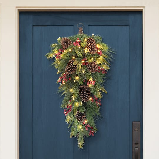 28" Pre-Lit Green Pinecones & Berries Adorned Artificial Banister Swag